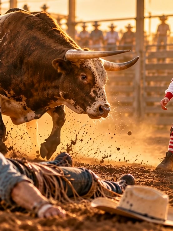 Charging longhorn bull looms over a fallen bull rider in a sunlit rodeo arena