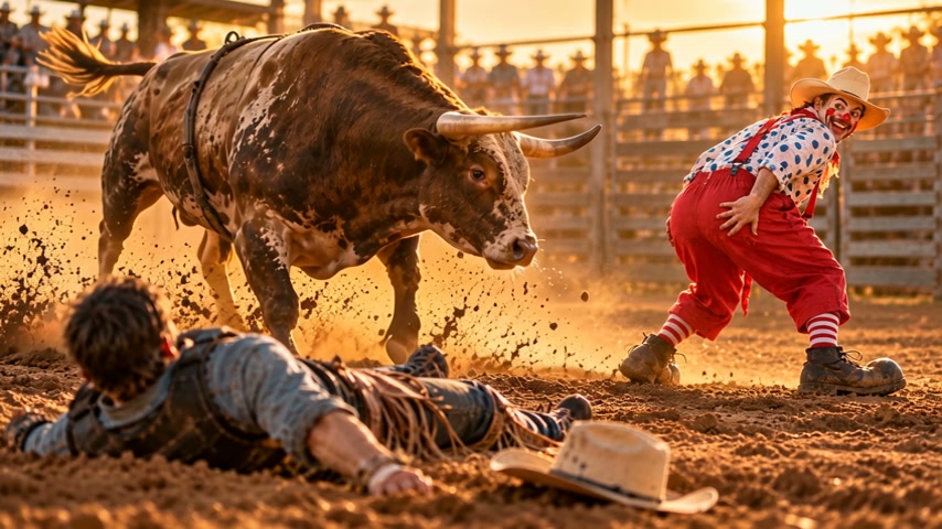 Charging spotted rodeo bull advances on a fallen cowboy as a rodeo clown moves to intervene at go...