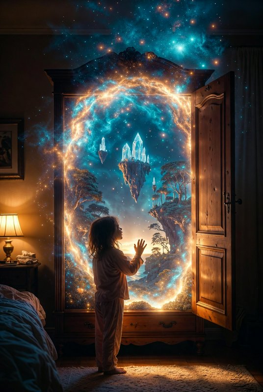 Child in pajamas gazes at a glowing magical wardrobe portal leading to a cosmic fantasy realm.