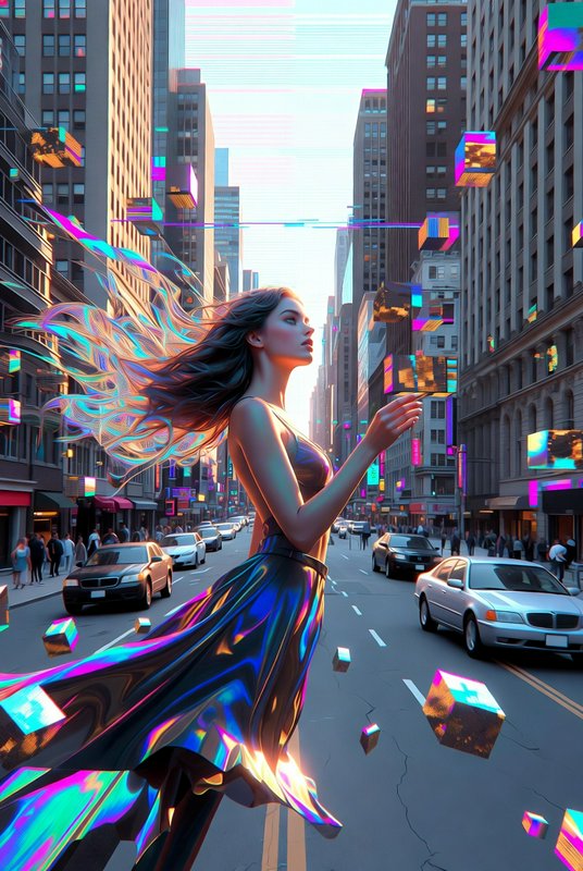 Surreal iridescent giant ethereal woman stands above a glitchy futuristic downtown city street fl...