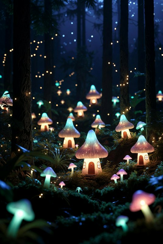 Whimsical forest at night with glowing mushroom-shaped houses and twinkling fairy lights.