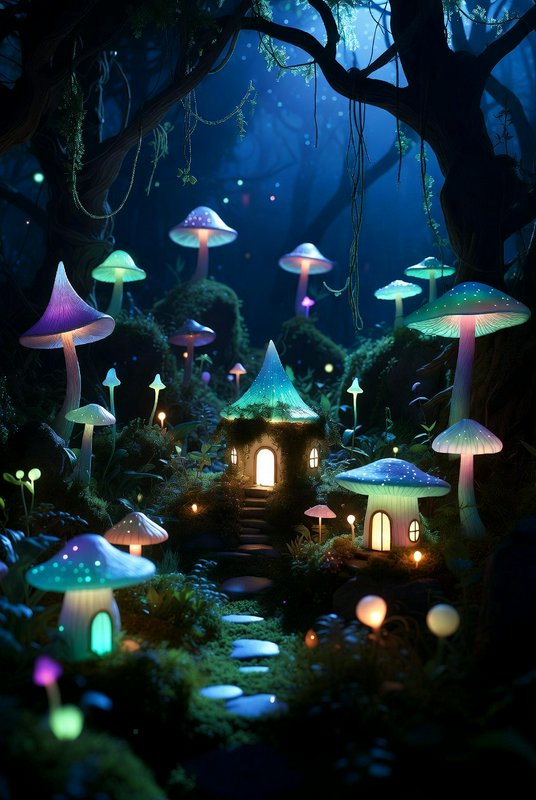 Whimsical glowing mushroom village in a dark enchanted forest.