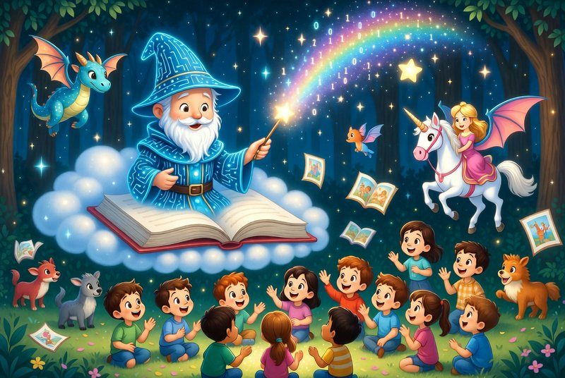 Friendly wizard rides a cloud with a wand above children as rainbow magic sparkles in a starry fo...