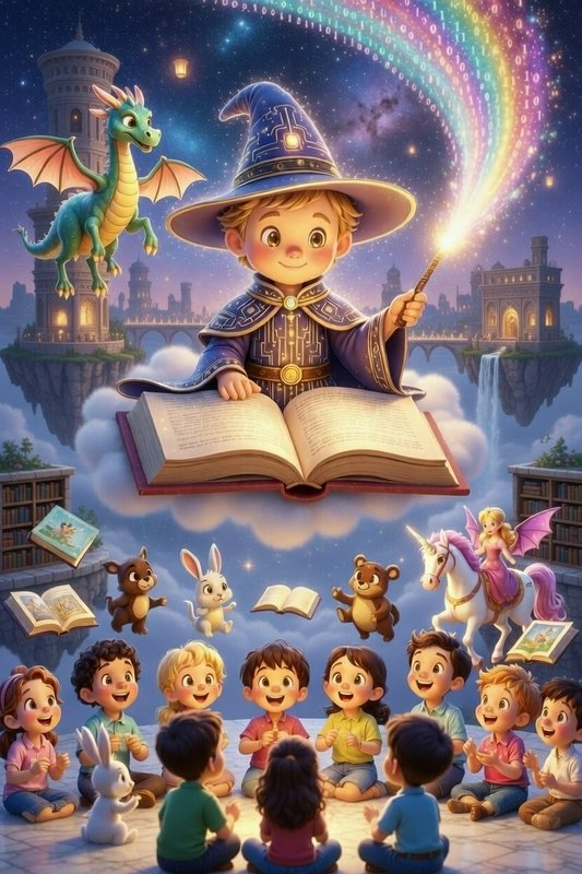 Young wizard in a blue robe conjures magic from a floating open book with a dragon beside, while ...