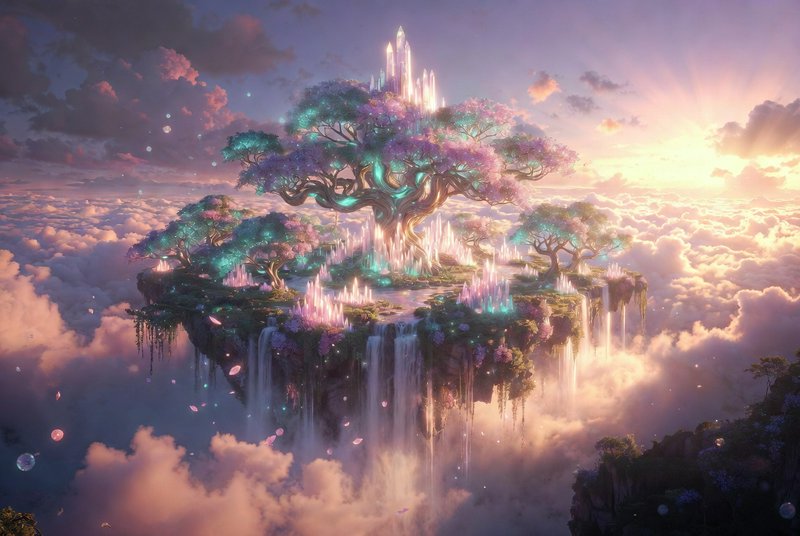 Floating jeweled island with luminous trees and crystal spires above clouds at sunset