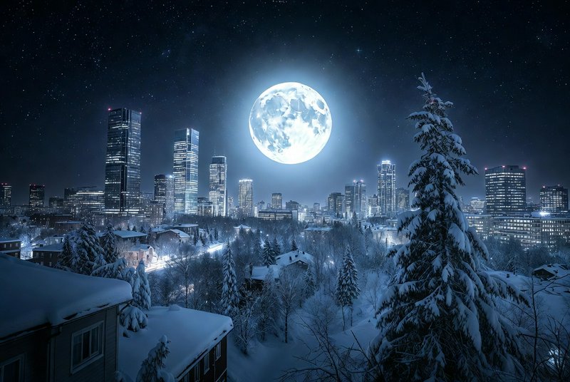 Snowy cityscape at night under a large glowing full moon.