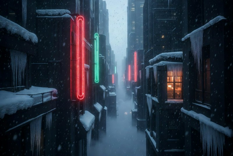 Snowy, neon-lit city alley with tall dark buildings and red-green vertical signs.