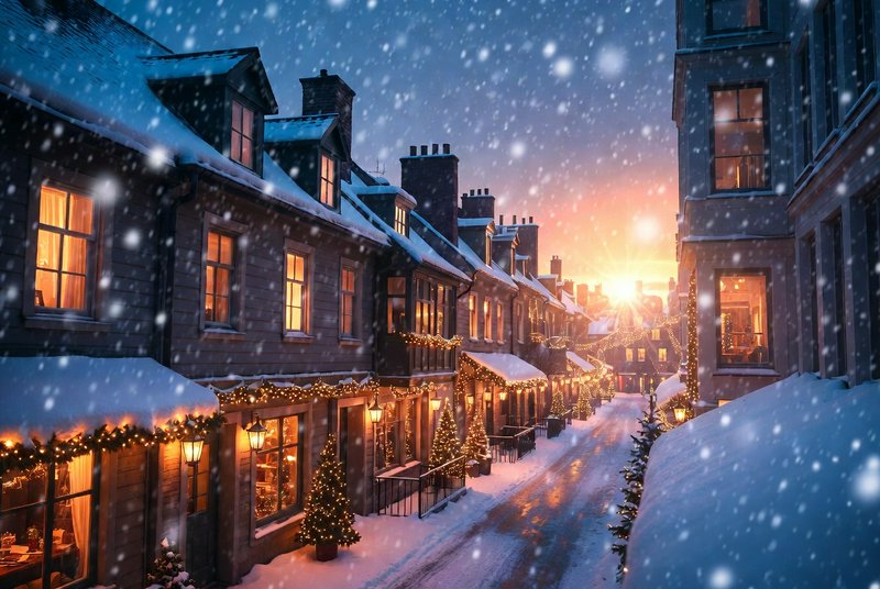 Snowy village street at sunset with warm Christmas lights and snow-covered roofs.