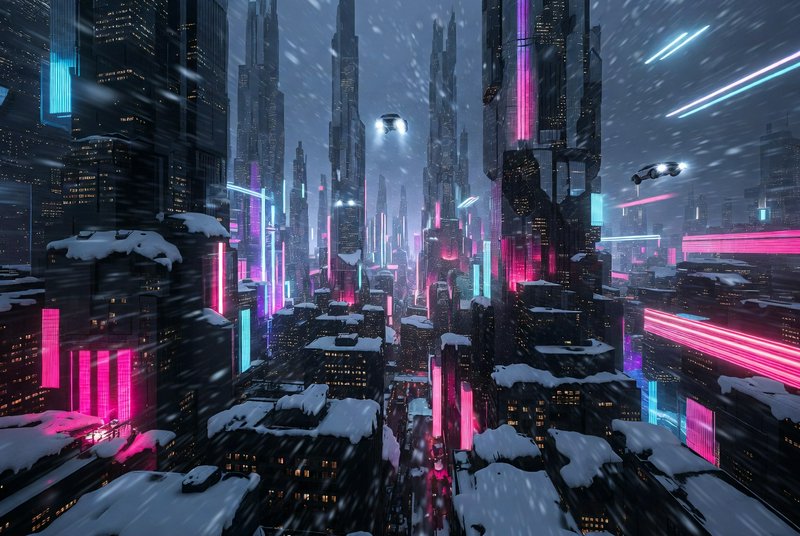 Neon-lit cyberpunk cityscape with snow-covered rooftops and flying cars.
