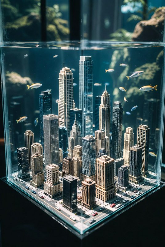 Miniature urban skyline diorama inside a glass display case with tall skyscrapers.