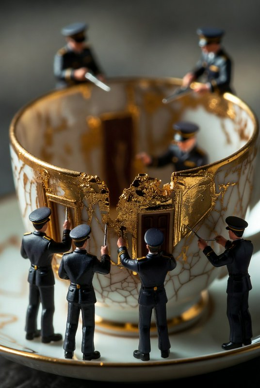 Miniature toy soldiers repairing a cracked gold-rimmed porcelain teacup with ornate pattern.