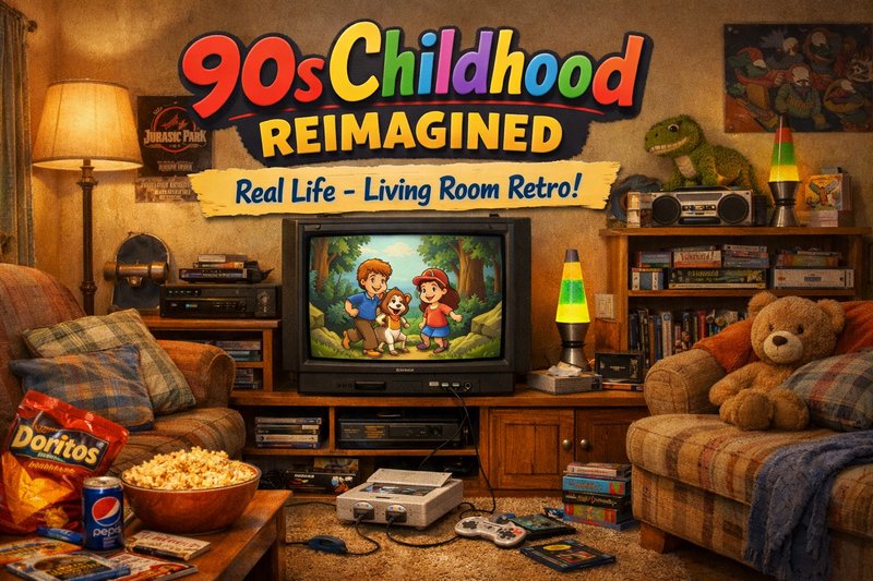 Cozy 90s retro living room with a CRT TV showing kids and a dog, surrounded by plush toys and nos...