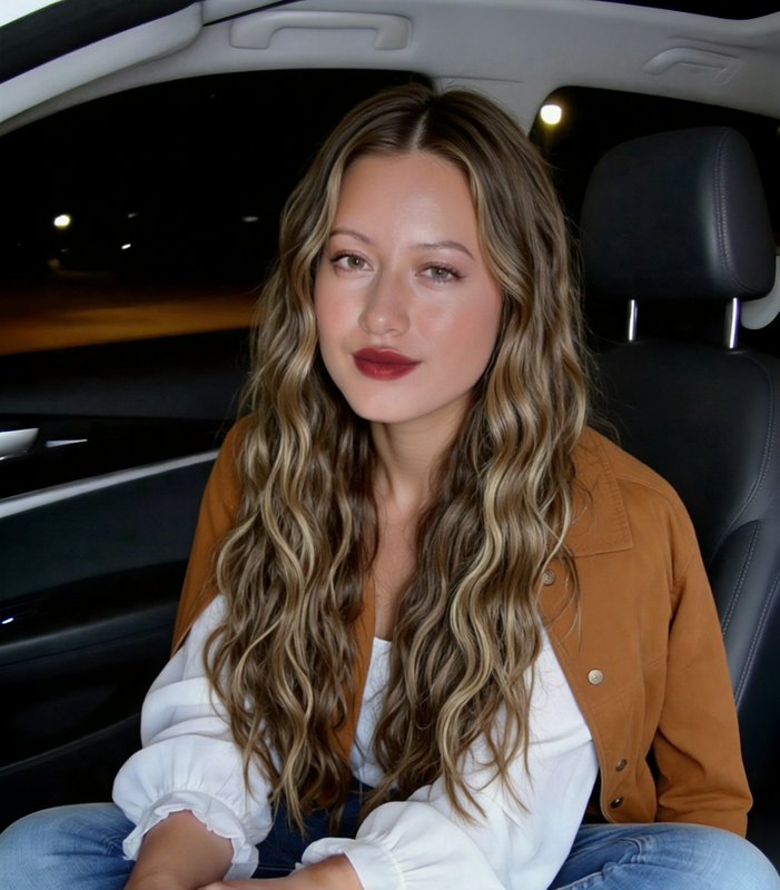Young woman with long wavy blonde hair sitting in a car at night, wearing a white blouse and brow...