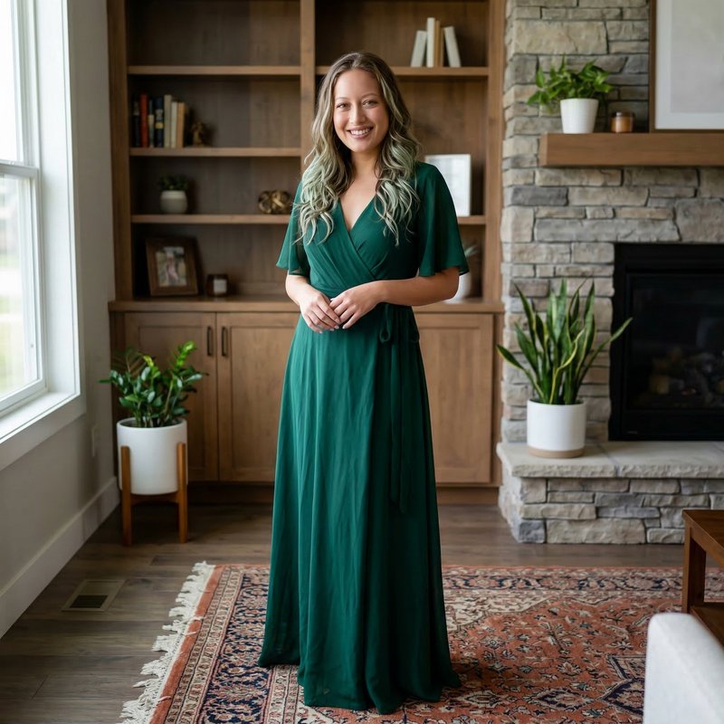 Woman in emerald green wrap dress standing in a cozy living room with a stone fireplace and woode...