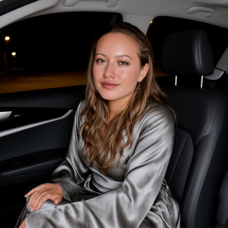 Portrait of a woman in a silver satin dress sitting in a car interior at night.