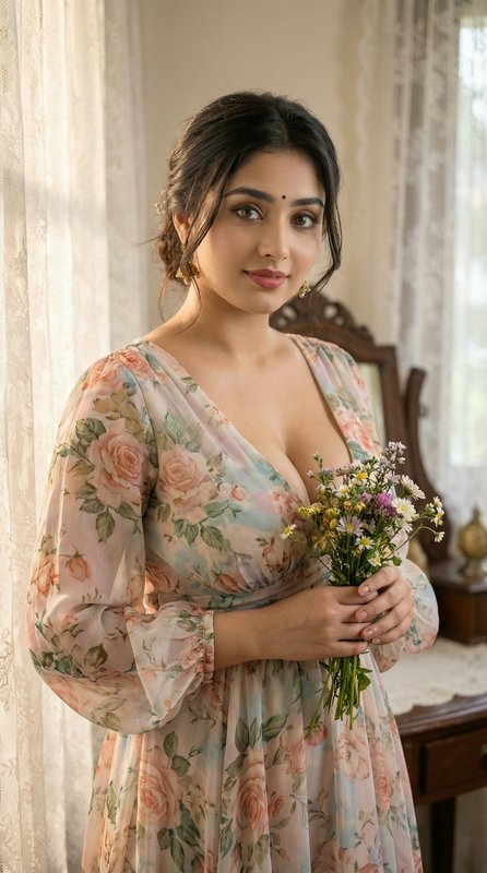 Woman in a floral dress holding a bouquet indoors with vintage decor.