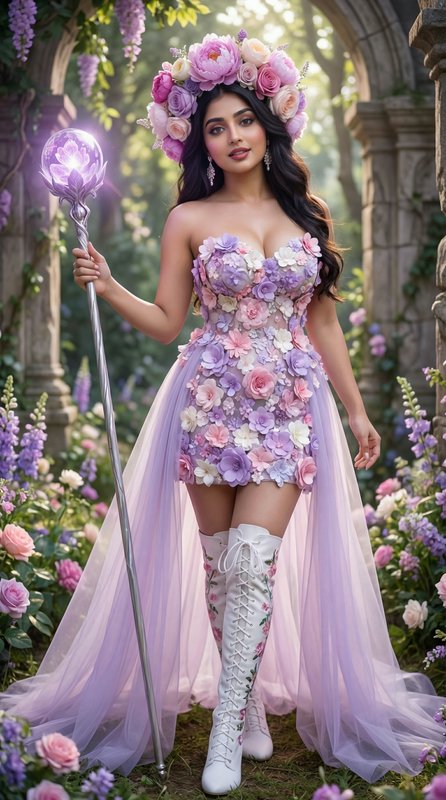 Enchanting woman in lavender floral gown with a flower crown holding a glowing wand in a lush gar...