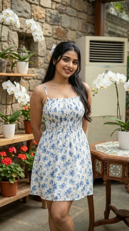 Woman in blue floral sundress standing in a garden with white orchids and a stone wall.