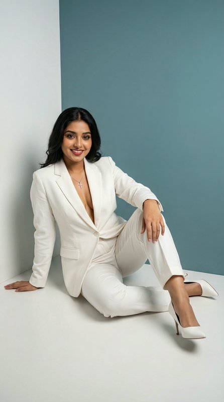 Woman in a white suit sitting on the floor against a teal background.