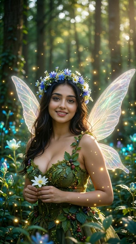 Beautiful woman dressed as a forest fairy with a floral crown and iridescent translucent wings in...