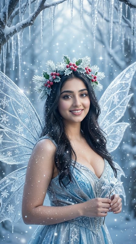 Fairy-winged woman in an icy blue dress with a holly wreath in a snowy forest.