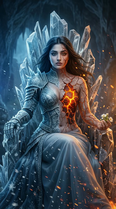 Woman in icy throne armor with glowing lava crack on chest, crystal throne in a frosty cavern.
