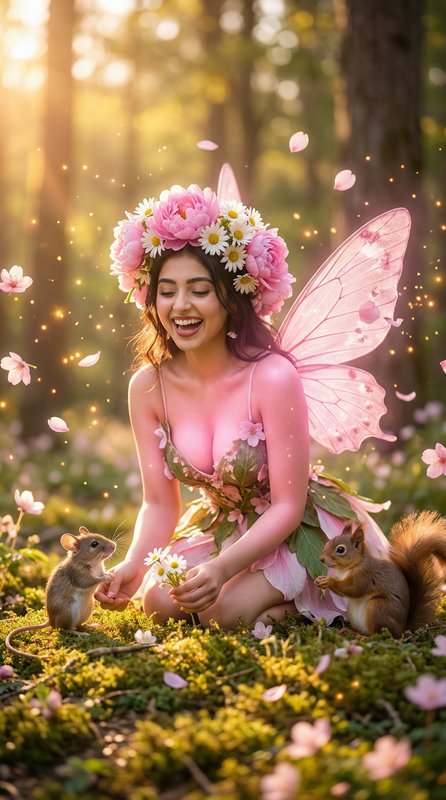 Woman dressed as a pink fairy with flower crown and wings in a sunlit forest, surrounded by petal...