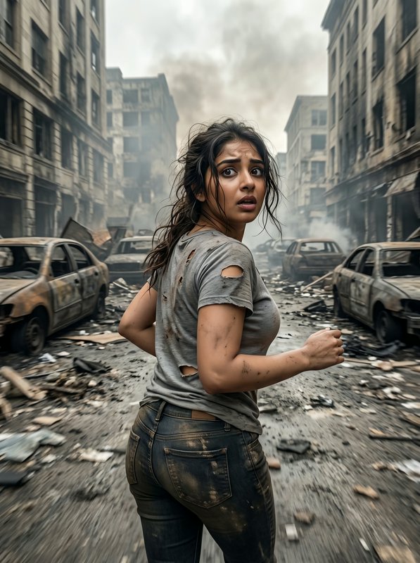 A distressed woman in a torn gray shirt stands in a ruined city street amid smoke and damaged cars.