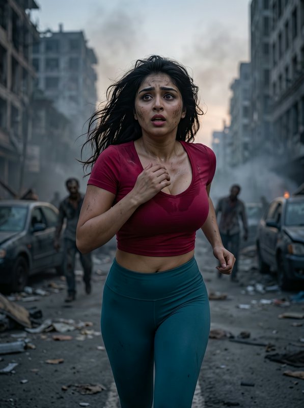 Young woman in a red top and blue leggings runs through a smoky, rubble-strewn urban street.