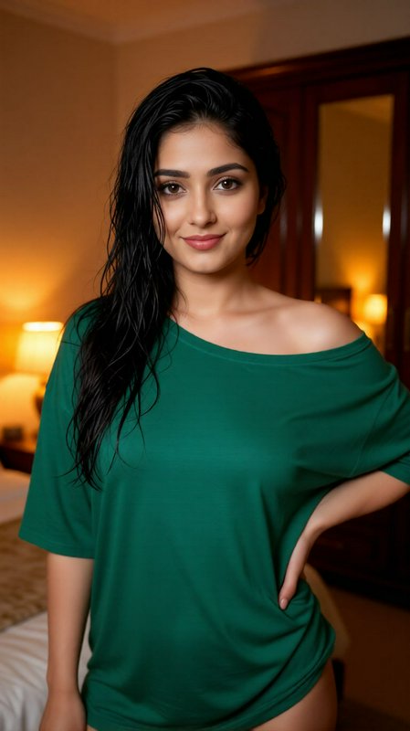Young South Asian woman with wet black hair in an oversized green off-shoulder tee, posing warmly...