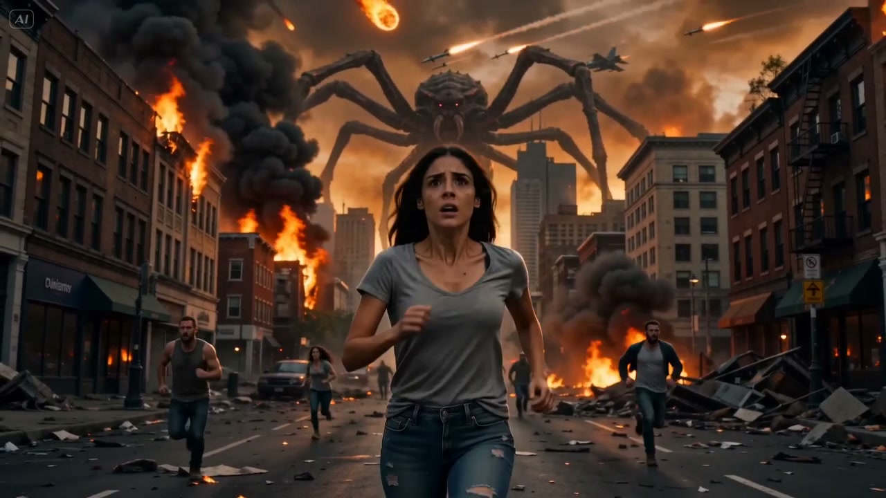 Woman runs through a burning city as a colossal spider attacks in the background.