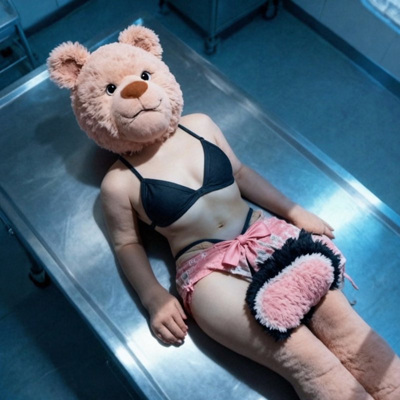 Person wearing a black bikini top and pink shorts with a plush teddy bear head mask, lying on a m...