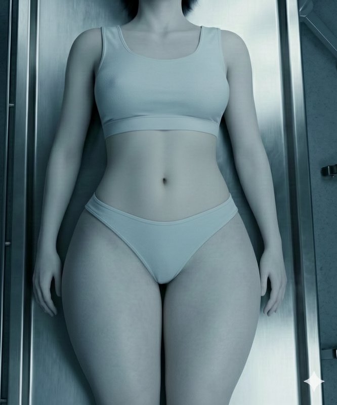 Woman in light blue sports bra and briefs standing against a metallic wall.