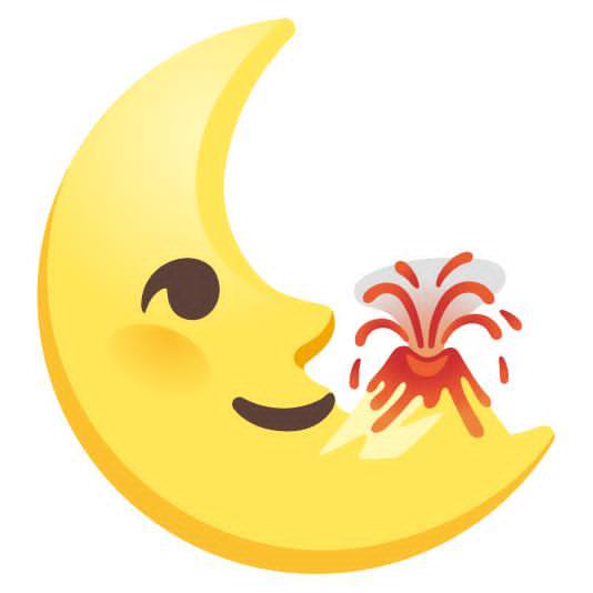 A cheerful yellow crescent moon with a smiling face, appearing to bite a red splash or burst.