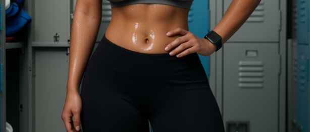 Close-up of athletic midsection in black leggings, sweaty abdomen post-workout.