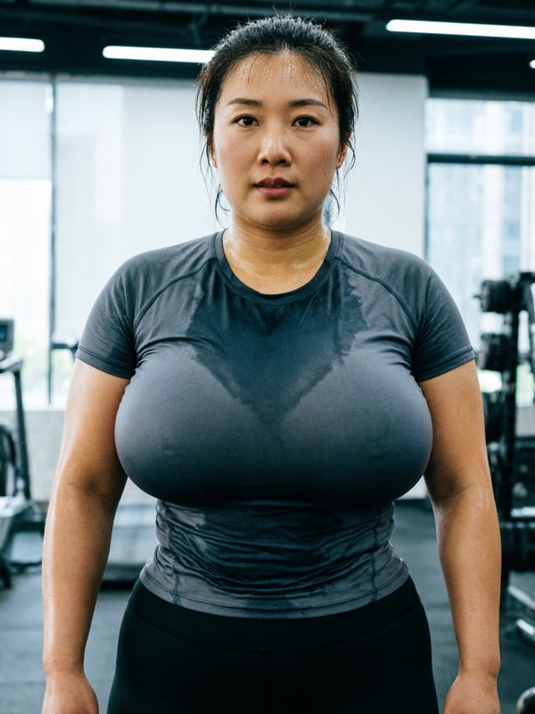 Sweaty East Asian plus-size woman in workout clothes, post-gym session, standing in a modern fitn...