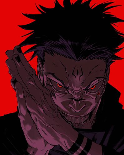 Dark, menacing anime villain with red eyes and clawed hand against a red background.