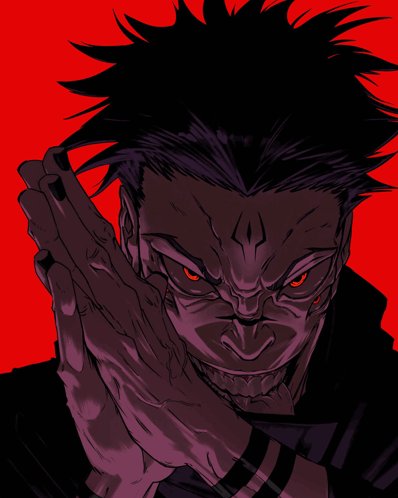 Dark, menacing anime villain with red eyes and clawed hand against a red background.