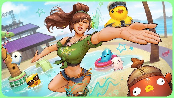 Playful beach scene with a stylized woman performing a stretch by the water, surrounded by cartoo...