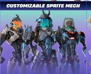 Three customizable sprite mechs in metallic armor pose against a purple gradient background