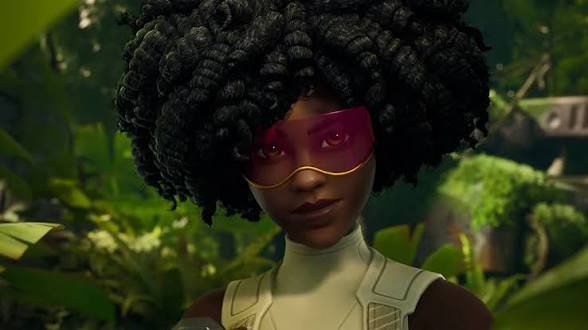 3D animated Black female Fortnite character with a coily afro and magenta visor, standing in a lu...