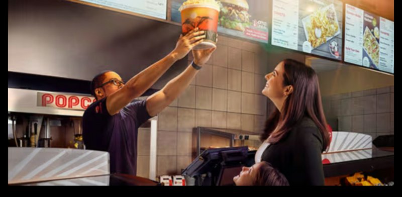 Concession stand worker hands a large popcorn bucket to a smiling customer at a movie theater sna...