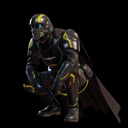Crouching futuristic sci-fi soldier in black armor with yellow accents, enclosed helmet, and cape...