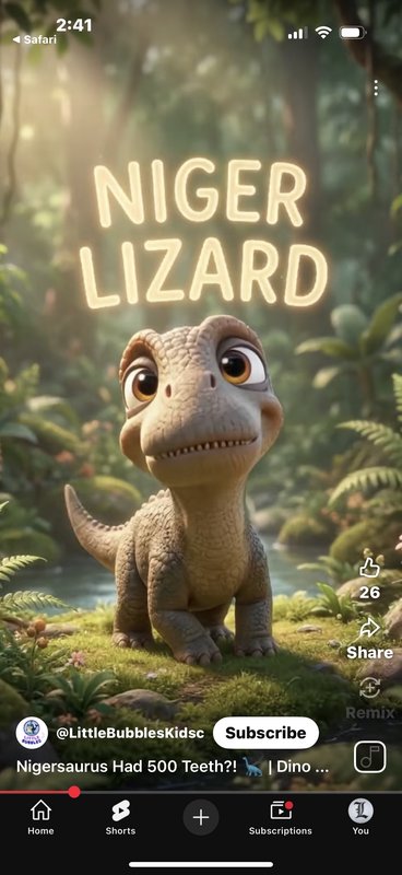 Cute wide-eyed 3D cartoon baby Nigersaurus in a sunlit prehistoric jungle, with glowing "NIGER LI...