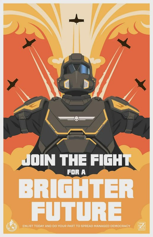 Helldivers 2 retro propaganda poster showing an armored soldier, starfighters, and "Join the figh...