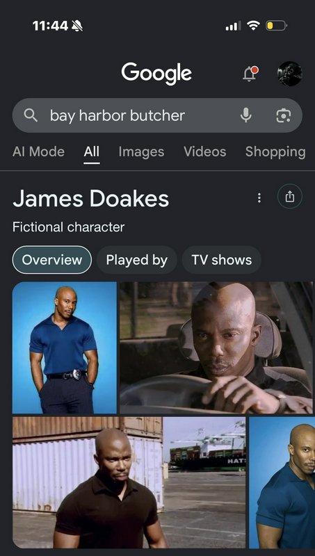 Dark mode mobile Google search for "bay harbor butcher" showing the James Doakes fictional charac...
