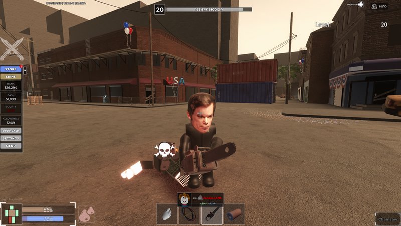 Roblox gameplay screenshot of a custom level 20 avatar holding a chainsaw over a defeated enemy o...