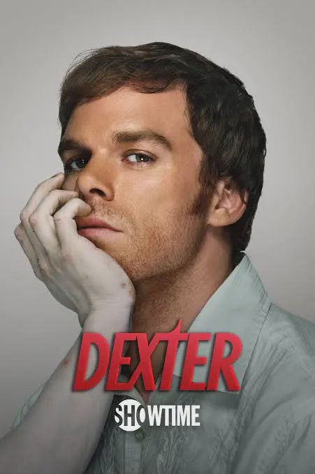 Official Dexter Showtime poster featuring Michael C. Hall resting a forensic gloved hand against ...