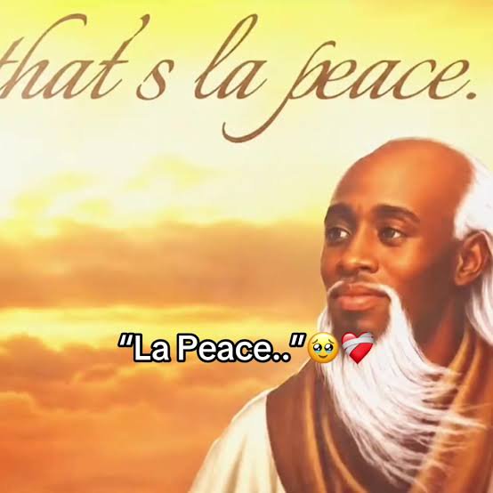 Viral "that's la peace" meme, portrait of serene wise elder against warm golden heavenly cloud ba...