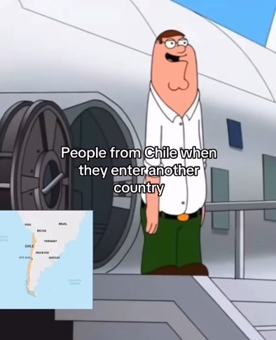 Stretched Peter Griffin Family Guy meme joking about Chile's long narrow geography next to a Sout...